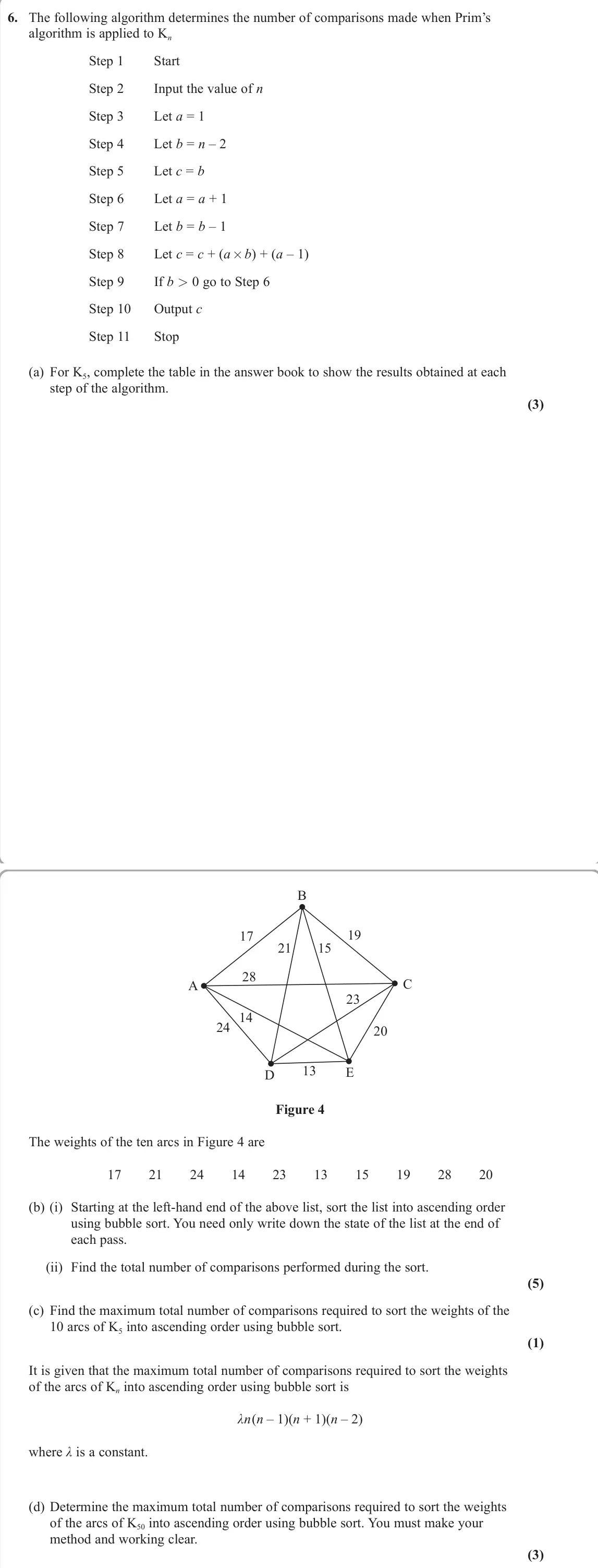 June 2022 Decision 1, question 6: The following algorithm determines the number of comparisons made when Prim’s algorithm is applied to Kn Step 1 Start Step 2 Input the value of n Step 3 Let a =
