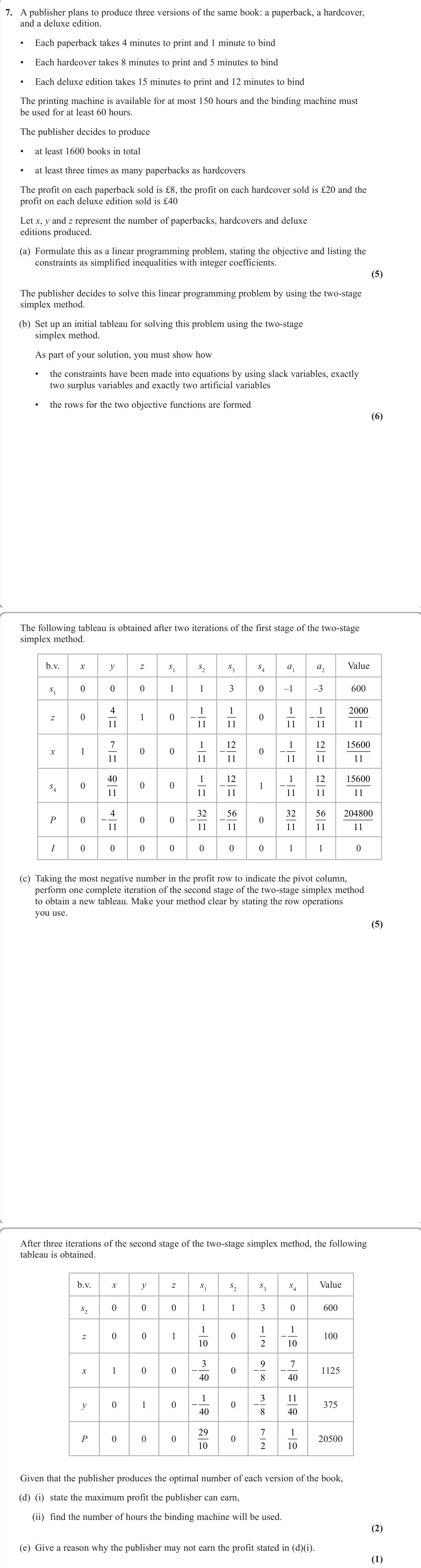 June 2023 Decision 1, question 7: A publisher plans to produce three versions of the same book: a paperback, a hardcover, and a deluxe edition. • Each paperback takes 4 minutes to print and 1 mi