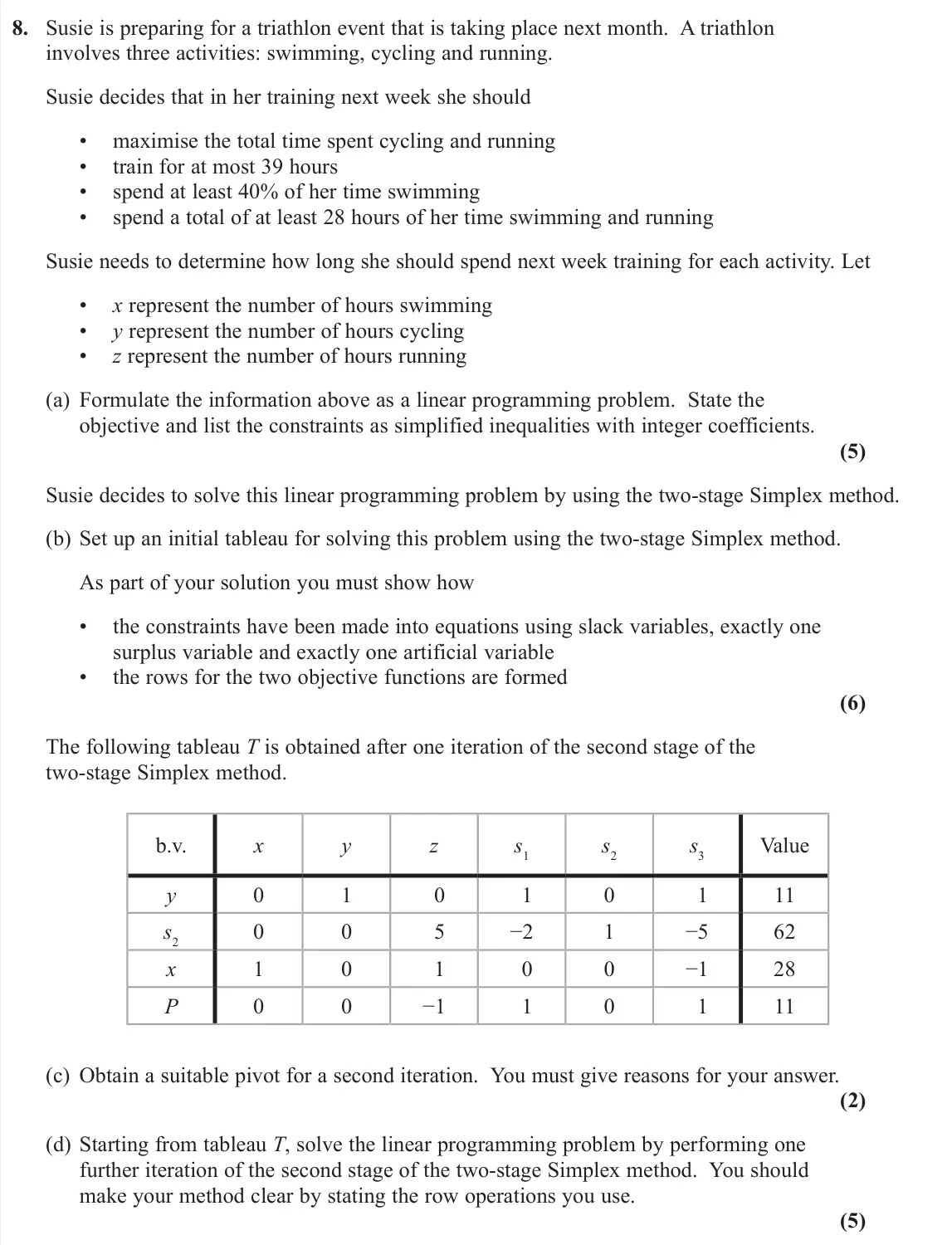 November 2021 Decision 1, question 8: Susie is preparing for a triathlon event that is taking place next month. A triathlon involves three activities: swimming, cycling and running. Susie decides th