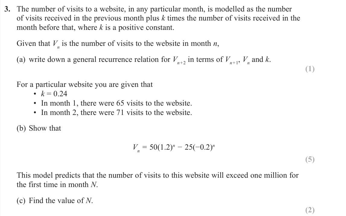 June 2019 Further Pure 2, question 3: The number of visits to a website, in any particular month, is modelled as the number of visits received in the previous month plus k times the number of visits