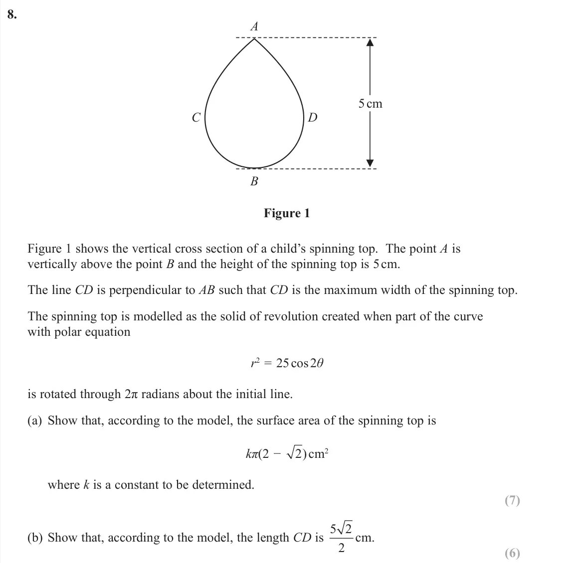 June 2019 Further Pure 2, question 8: A B C D 5 cm Figure 1 Figure 1 shows the vertical cross section of a child’s spinning top. The point A is vertically above the point B and the height of the spi