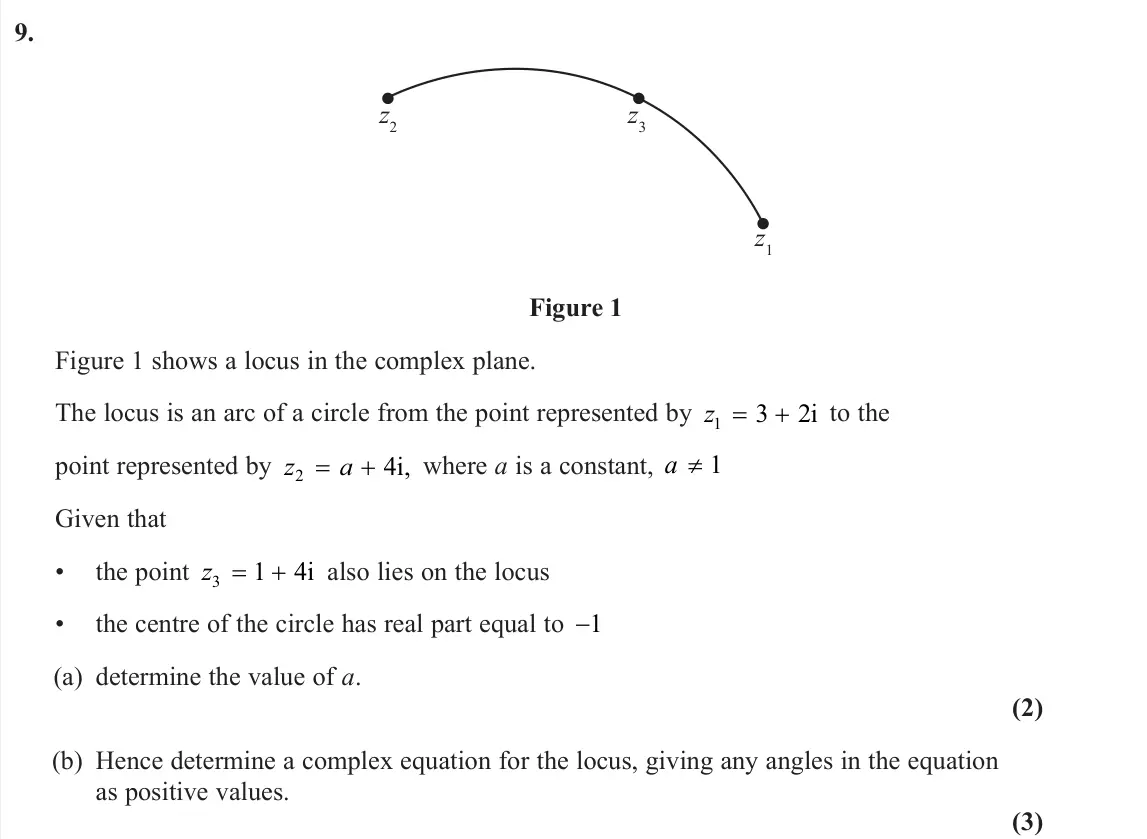 June 2023 Further Pure 2, question 9: z2 z3 z1 Figure 1 Figure 1 shows a locus in the complex plane. The locus is an arc of a circle from the point represented by z1 3 2 i to the point represented b