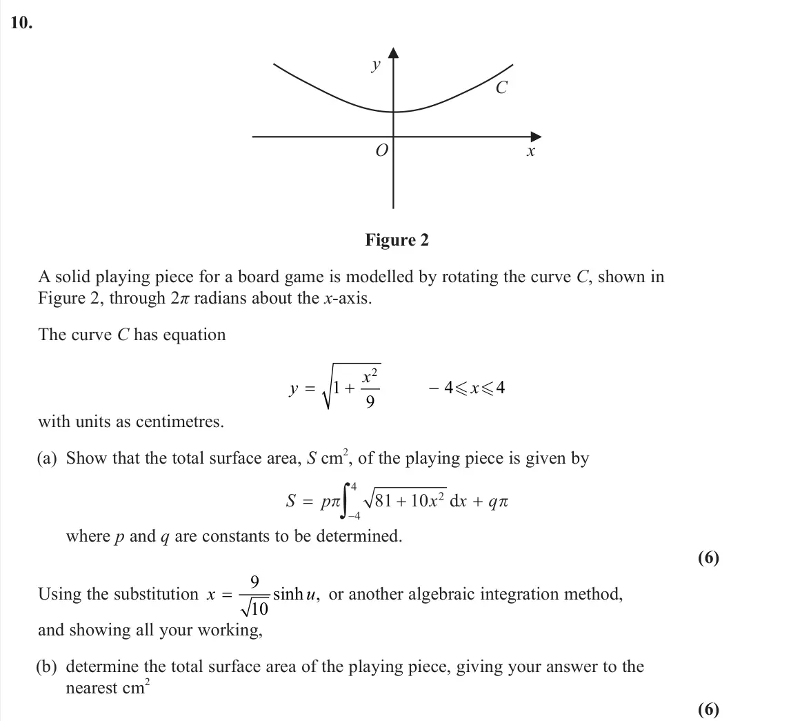 June 2023 Further Pure 2, question 10: y x O C Figure 2 A solid playing piece for a board game is modelled by rotating the curve C, shown in Figure 2, through 2π radians about the x-axis. The curve C