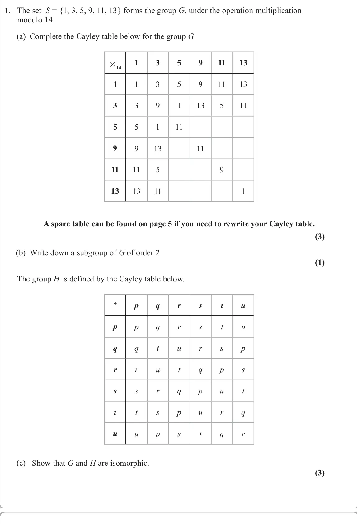 June 2025 Further Pure 2, question 1: The set S = {1, 3, 5, 9, 11, 13} forms the group G, under the operation multiplication modulo 14 (a) Complete the Cayley table below for the group G ×14 1 3 5 9