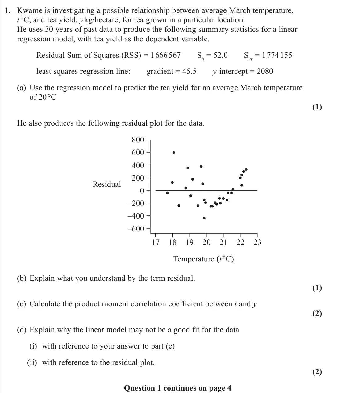 June 2022 Further Statistics 2, question 1: Kwame is investigating a possible relationship between average March temperature, t °C, and tea yield, y kg/hectare, for tea grown in a particular location. He