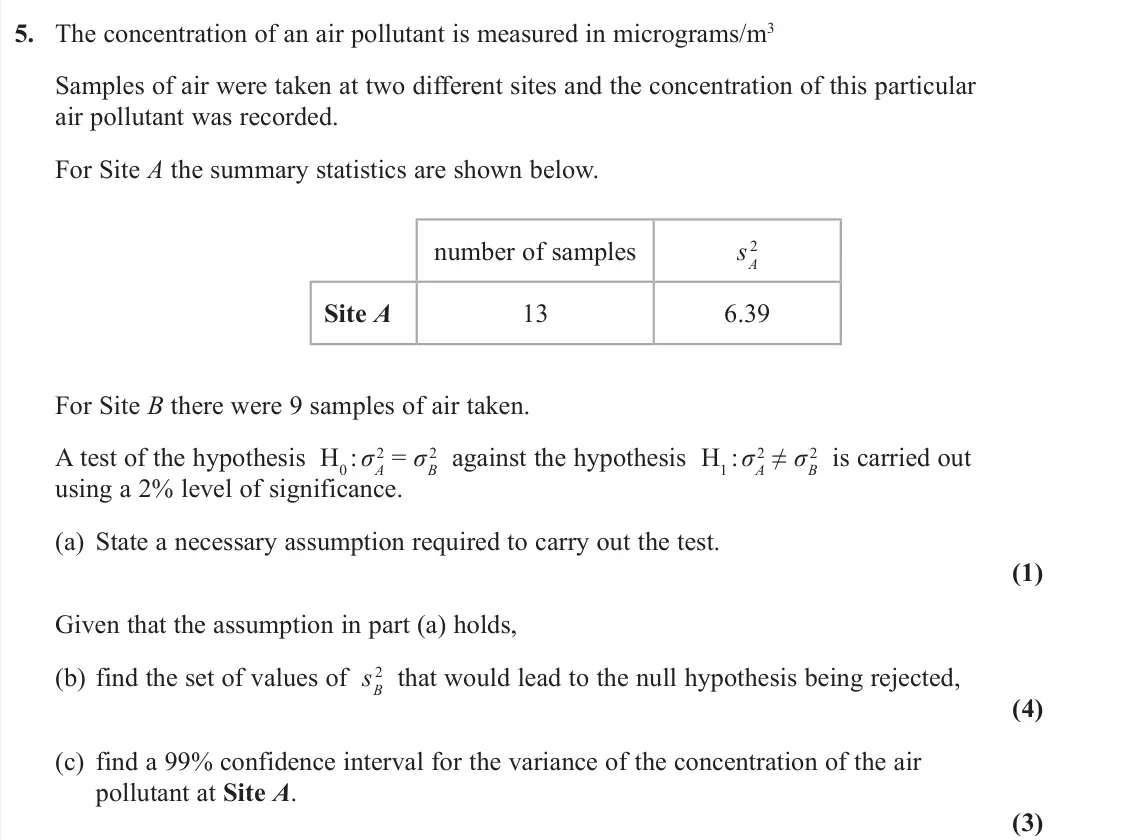 June 2022 Further Statistics 2, question 5: The concentration of an air pollutant is measured in micrograms/m3 Samples of air were taken at two different sites and the concentration of this particular air
