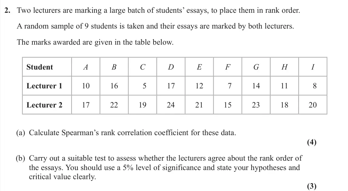 June 2025 Further Statistics 2, question 2: Two lecturers are marking a large batch of students’ essays, to place them in rank order. A random sample of 9 students is taken and their essays are marked by