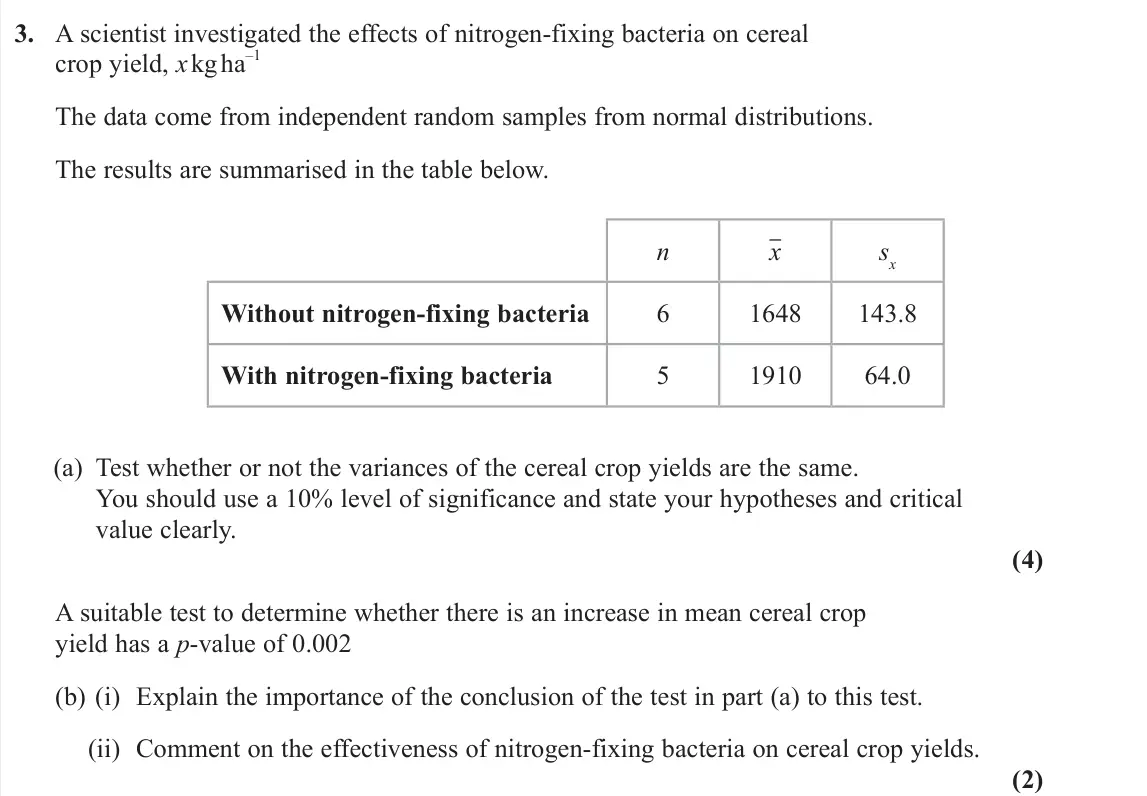 June 2025 Further Statistics 2, question 3: A scientist investigated the effects of nitrogen-fixing bacteria on cereal crop yield, x kg ha –1 The data come from independent random samples from normal dist