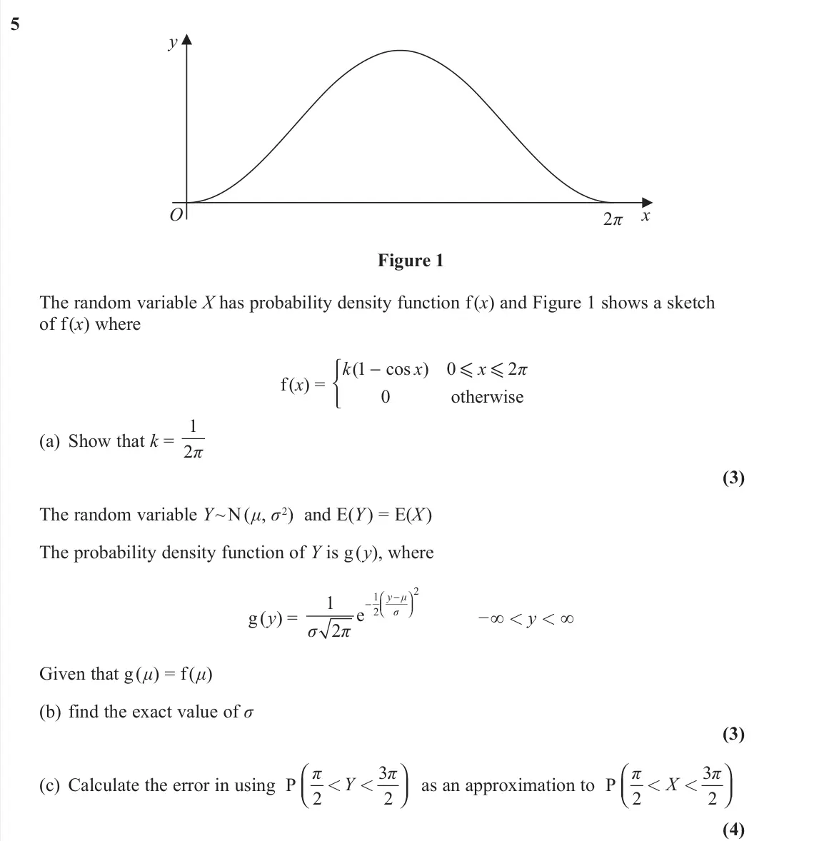 November 2020 Further Statistics 2, question 5: 5 y x O 2π Figure 1 The random variable X has probability density function f (x) and Figure 1 shows a sketch of f (x) where f (x) = (1 cos ) 0 2 0 otherwise k x