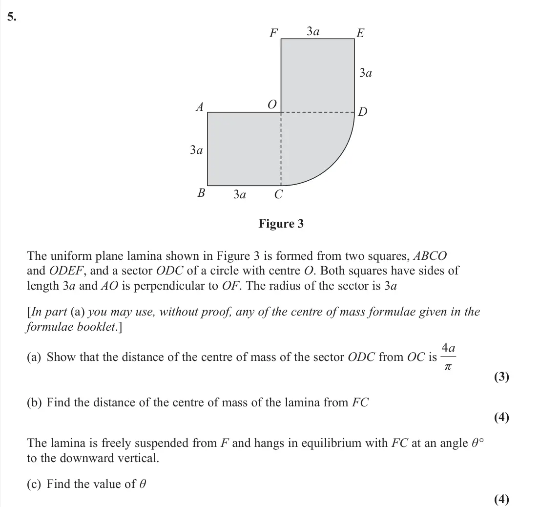 June 2022 Further Mechanics 2, question 5: A 3a 3a 3a 3a D E F B O C Figure 3 The uniform plane lamina shown in Figure 3 is formed from two squares, ABCO and ODEF, and a sector ODC of a circle with centr