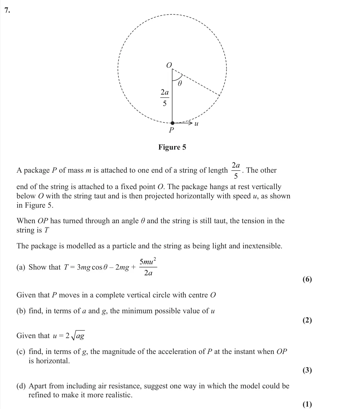 June 2022 Further Mechanics 2, question 7: θ O P u 2 5 a Figure 5 A package P of mass m is attached to one end of a string of length 2 5 a . The other end of the string is attached to a fixed point O. Th