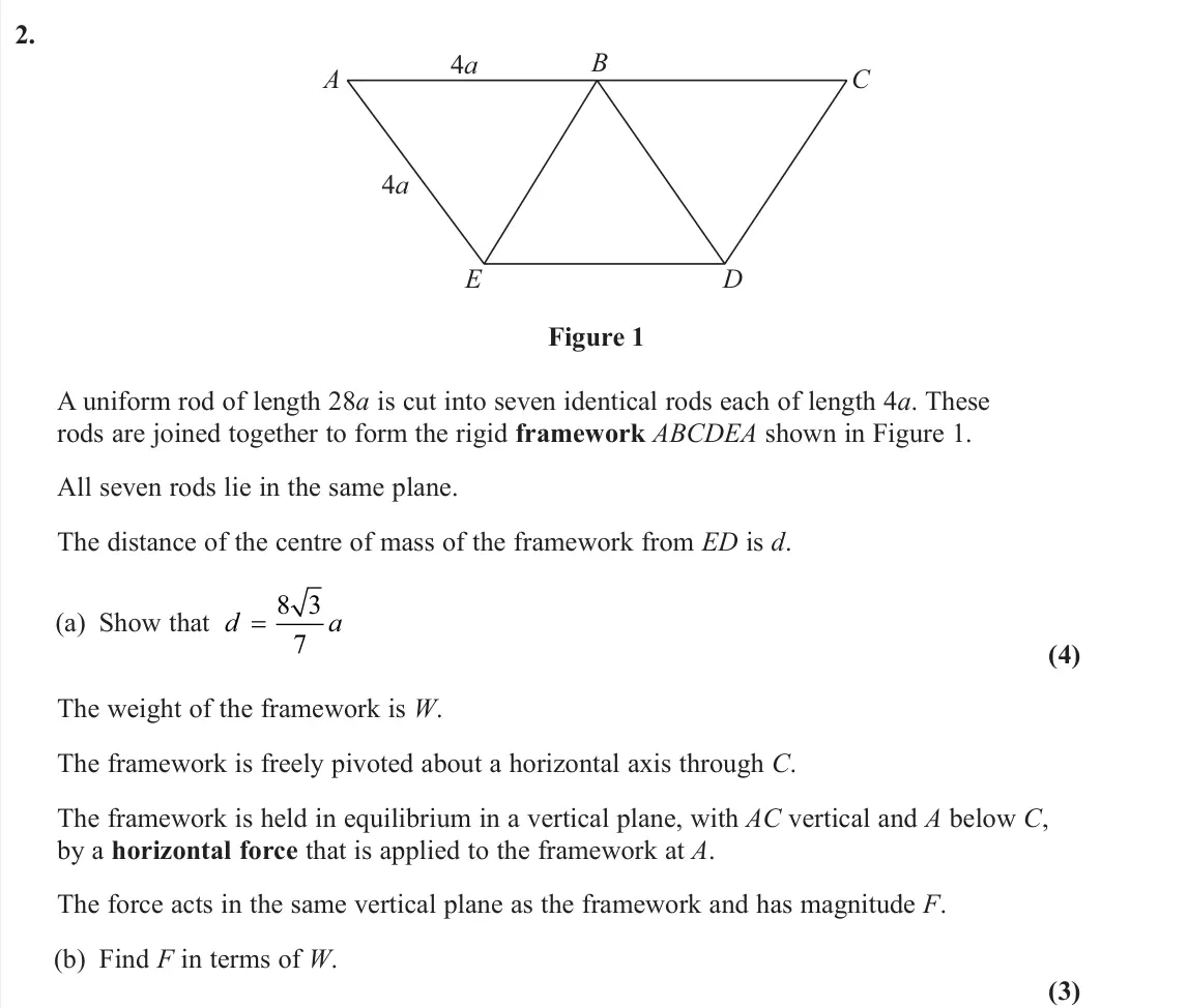 June 2024 Further Mechanics 2, question 2: A B C D E 4a 4a Figure 1 A uniform rod of length 28a is cut into seven identical rods each of length 4a. These rods are joined together to form the rigid framew