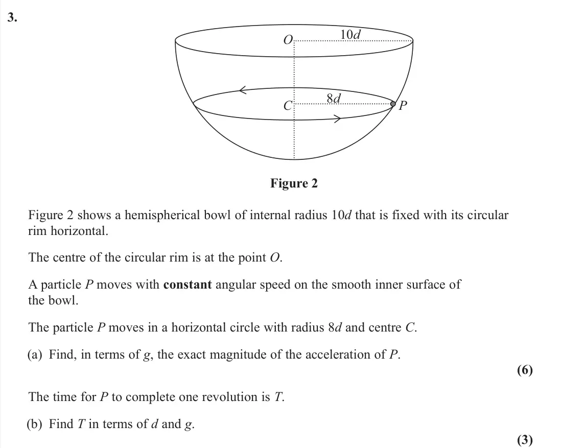 June 2024 Further Mechanics 2, question 3: C P O 8d 10d Figure 2 Figure 2 shows a hemispherical bowl of internal radius 10d that is fixed with its circular rim horizontal. The centre of the circular rim