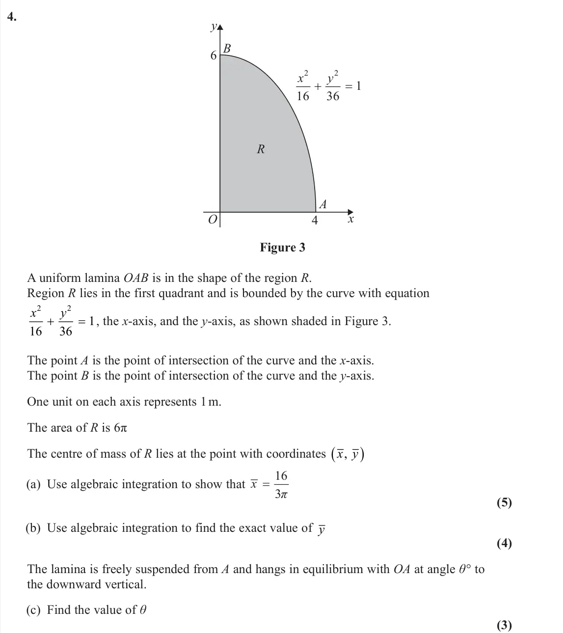 June 2024 Further Mechanics 2, question 4: R O A B y x 4 6 2 2 1 16 36 x y Figure 3 A uniform lamina OAB is in the shape of the region R. Region R lies in the first quadrant and is bounded by the curve w