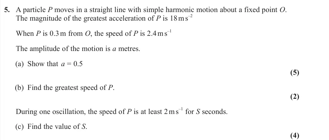 June 2024 Further Mechanics 2, question 5: A particle P moves in a straight line with simple harmonic motion about a fixed point O. The magnitude of the greatest acceleration of P is 18 m s –2 When P is 