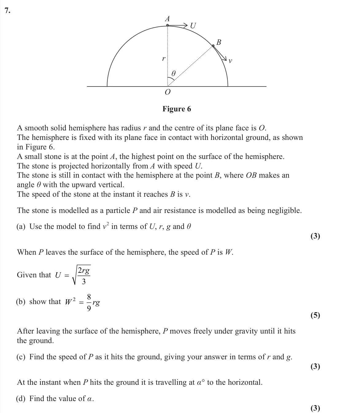 June 2024 Further Mechanics 2, question 7: O r A B U v θ Figure 6 A smooth solid hemisphere has radius r and the centre of its plane face is O. The hemisphere is fixed with its plane face in contact with