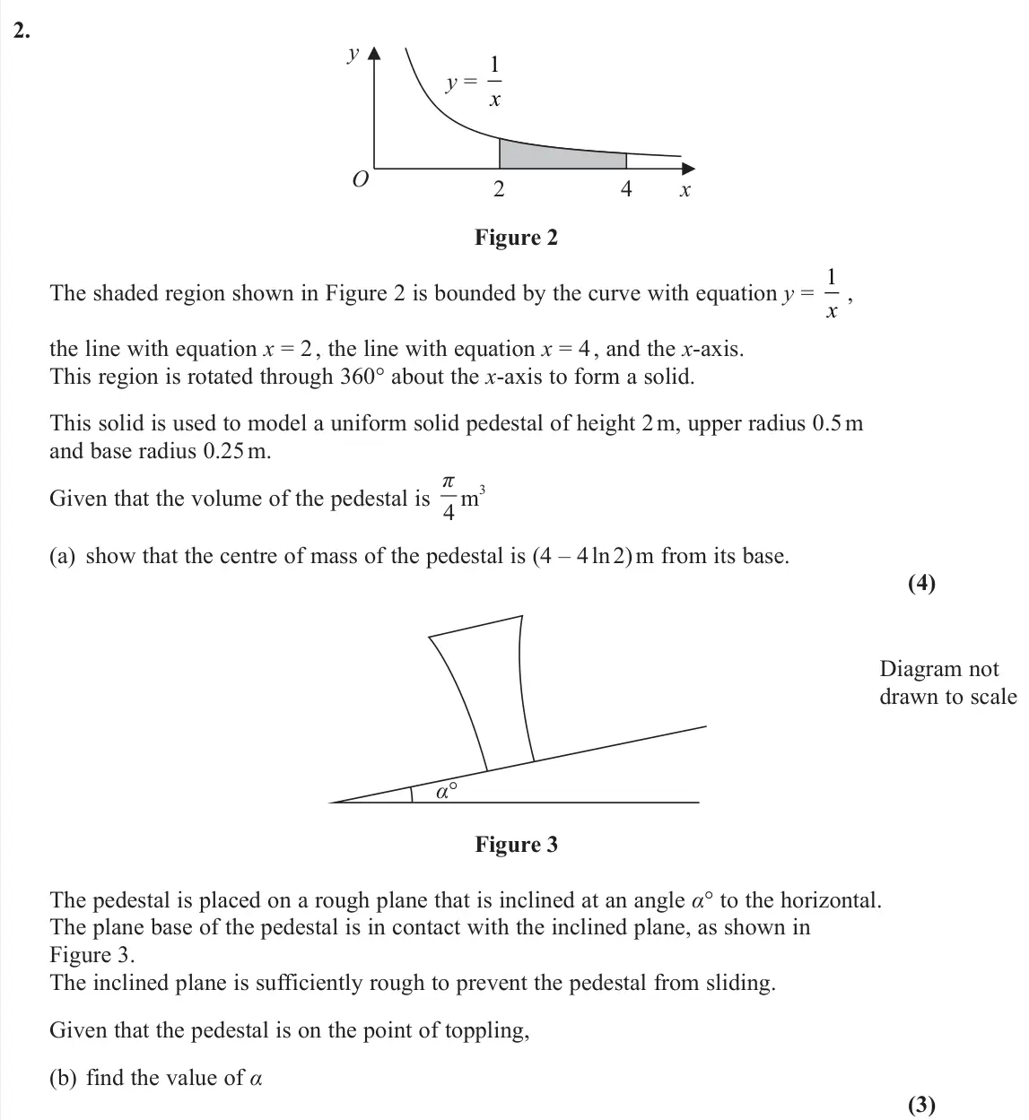 June 2025 Further Mechanics 2, question 2: y = 1 x y x 4 2 O Figure 2 The shaded region shown in Figure 2 is bounded by the curve with equation y = 1 x , the line with equation x = 2 , the line with equa
