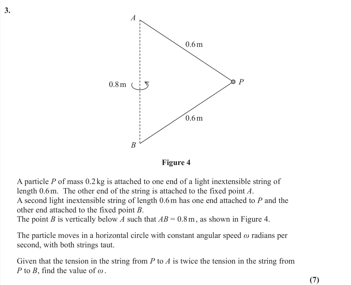June 2025 Further Mechanics 2, question 3: A B P 0.6 m 0.6 m 0.8 m Figure 4 A particle P of mass 0.2 kg is attached to one end of a light inextensible string of length 0.6 m. The other end of the string