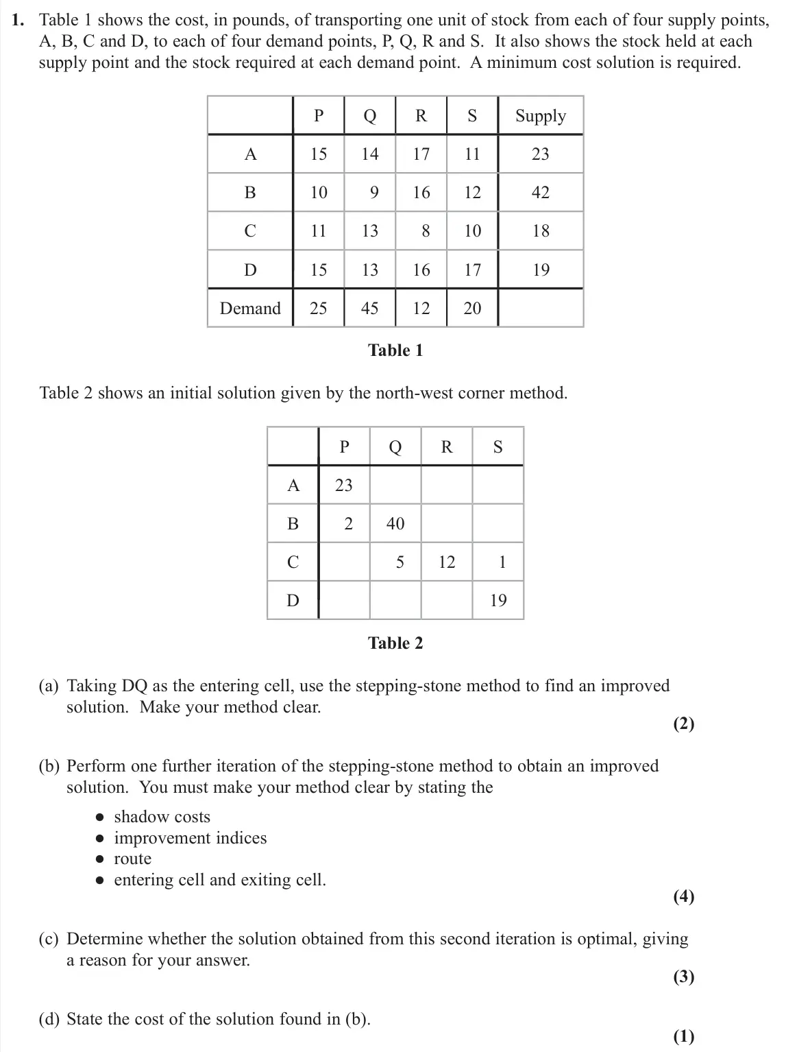 June 2019 Decision 2, question 1: Table 1 shows the cost, in pounds, of transporting one unit of stock from each of four supply points, A, B, C and D, to each of four demand points, P, Q, R and 