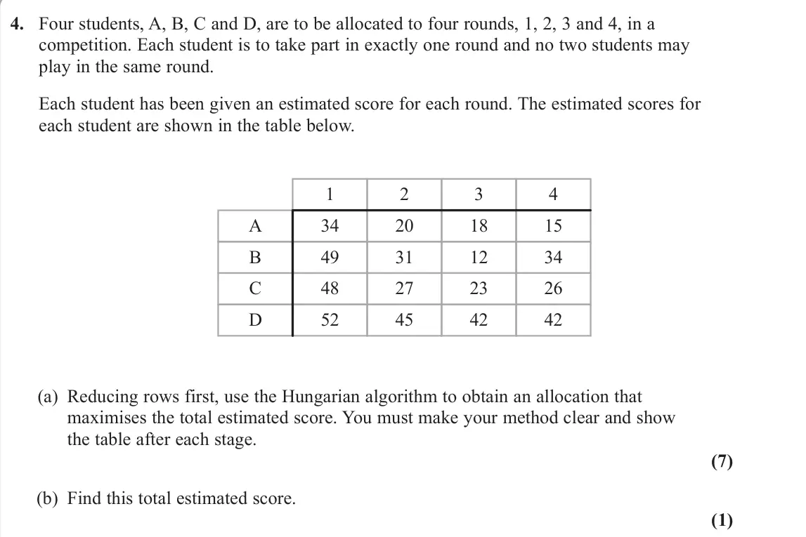 June 2023 Decision 2, question 4: Four students, A, B, C and D, are to be allocated to four rounds, 1, 2, 3 and 4, in a competition. Each student is to take part in exactly one round and no two 