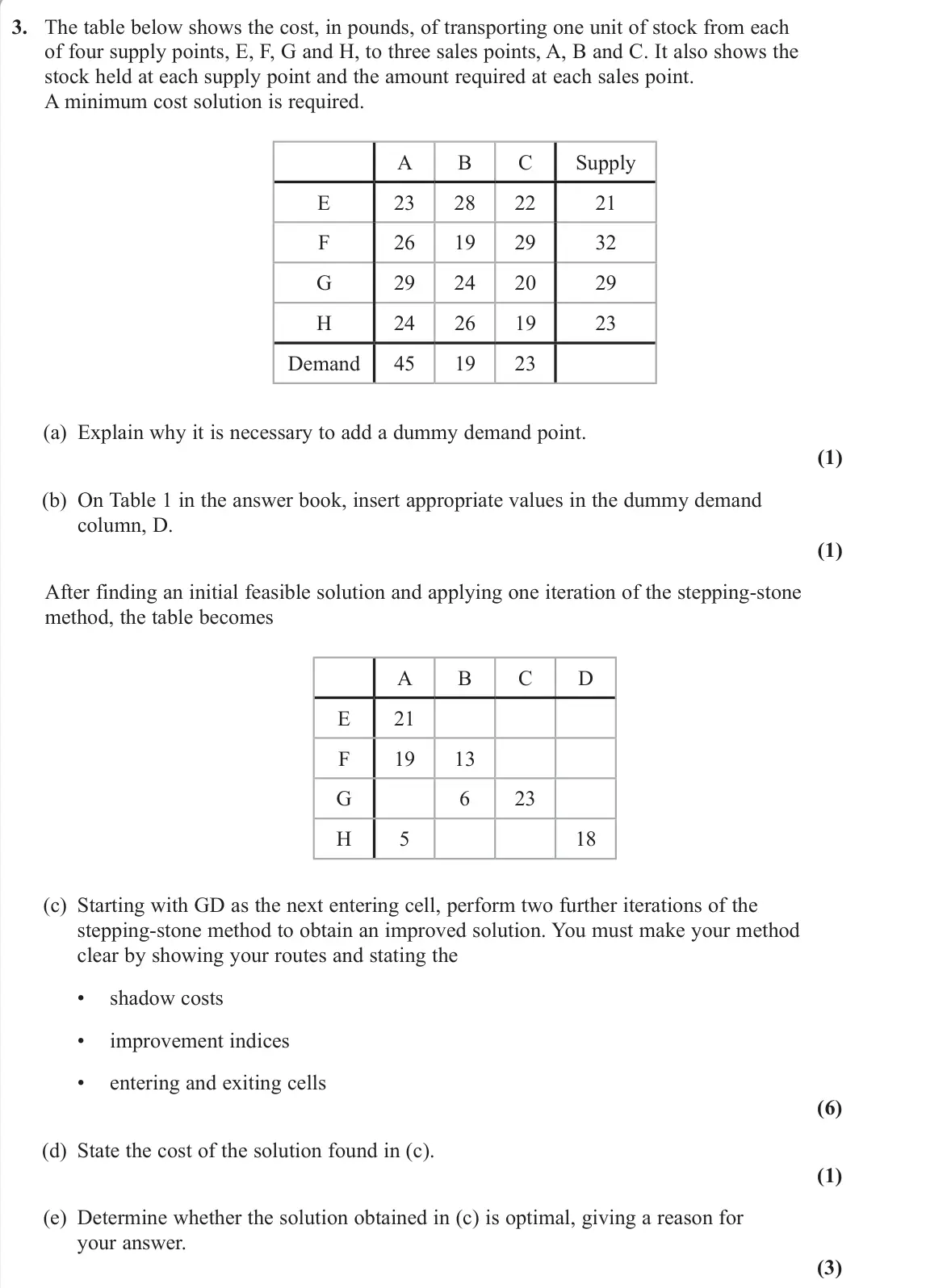 June 2024 Decision 2, question 3: The table below shows the cost, in pounds, of transporting one unit of stock from each of four supply points, E, F, G and H, to three sales points, A, B and C. 