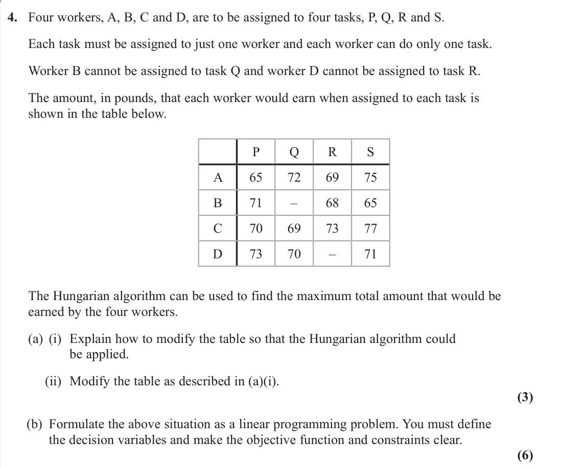 June 2024 Decision 2, question 4: Four workers, A, B, C and D, are to be assigned to four tasks, P, Q, R and S. Each task must be assigned to just one worker and each worker can do only one task