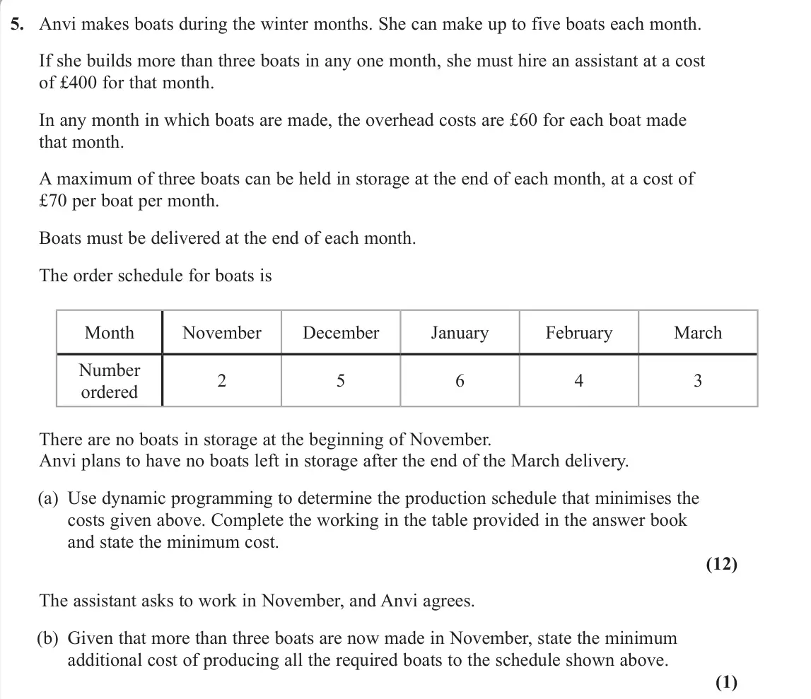 June 2025 Decision 2, question 5: Anvi makes boats during the winter months. She can make up to five boats each month. If she builds more than three boats in any one month, she must hire an assi