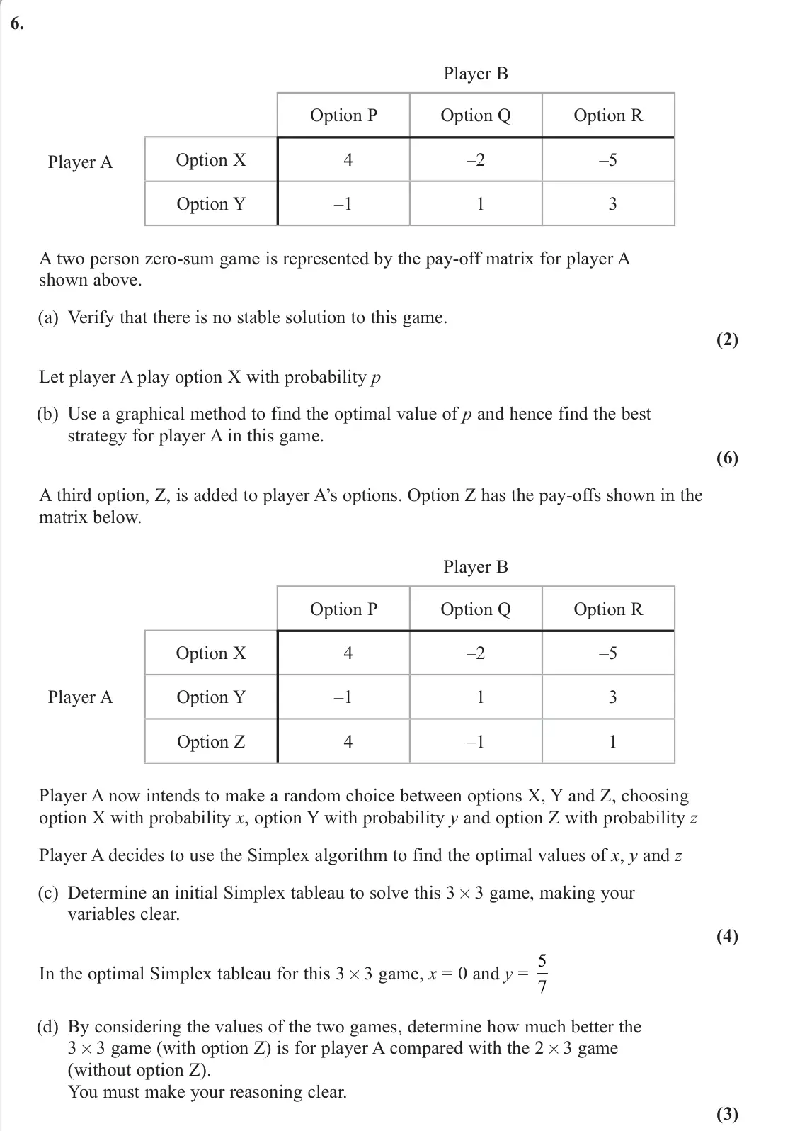 June 2025 Decision 2, question 6: Player B Option P Option Q Option R Player A Option X 4 –2 –5 Option Y –1 1 3 A two person zero-sum game is represented by the pay-off matrix for player A shown