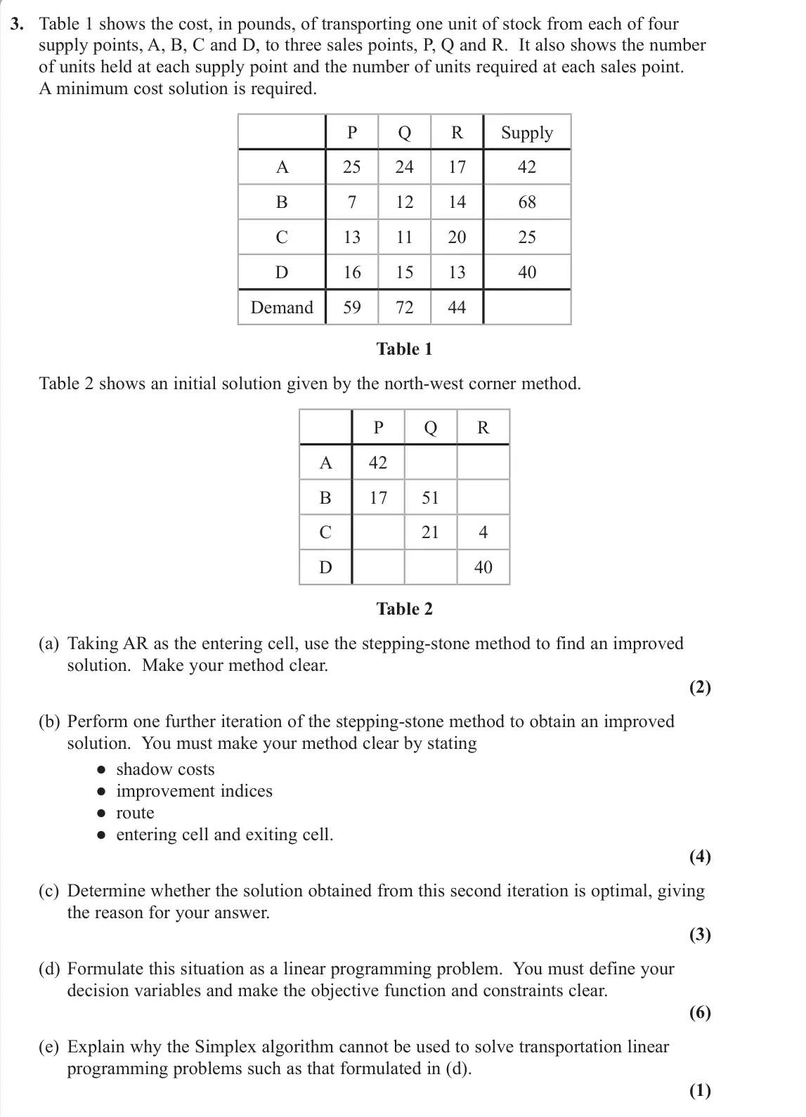 November 2020 Decision 2, question 3: Table 1 shows the cost, in pounds, of transporting one unit of stock from each of four supply points, A, B, C and D, to three sales points, P, Q and R. It also 