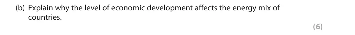 June 2019 Paper 1, question 4(b): Explain why the level of economic development affects the energy mix of countries. (6) SECTION C The following resources relate to Question 4. 40 35 30 25 20 15