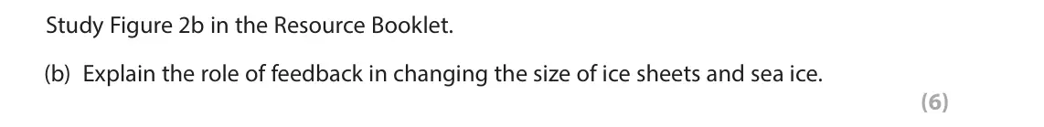 June 2023 Paper 1, question 2(b): Explain the role of feedback in changing the size of ice sheets and sea ice. (6) 2 Study Figure 2a in the Resource Booklet. SECTION B The following resources re