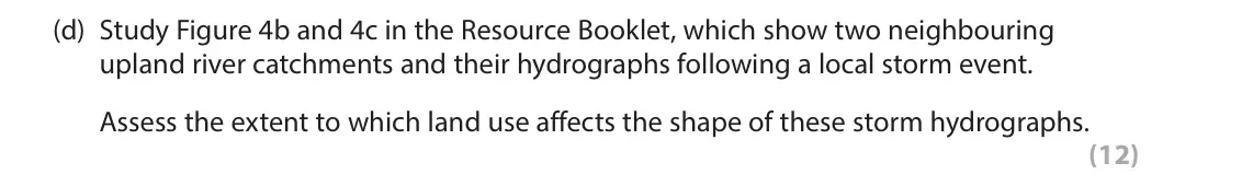 June 2023 Paper 1, question 4(d): Study Figure 4b and 4c in the Resource Booklet, which show two neighbouring upland river catchments and their hydrographs following a local storm event. Assess
