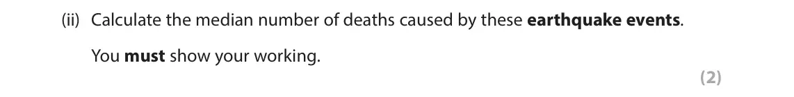 June 2024 Paper 1, question 1(a)(ii): Calculate the median number of deaths caused by these earthquake events. You must show your working. (2) 1 Study Figure 1 below. This is part of an investigatio