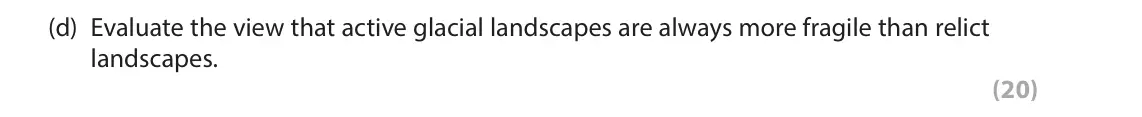 June 2024 Paper 1, question 2(d): Evaluate the view that active glacial landscapes are always more fragile than relict landscapes. (20) 2 Study Figure 2a in the Resource Booklet. SECTION B The f
