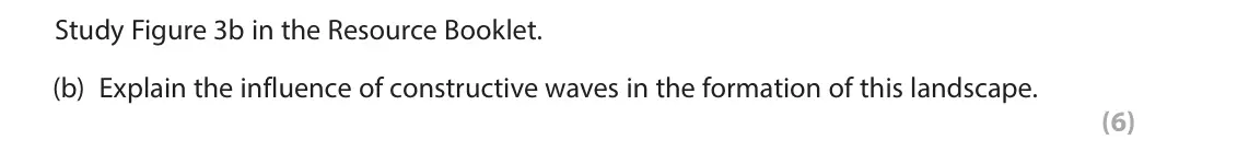June 2025 Paper 1, question 3(b): Explain the influence of constructive waves in the formation of this landscape. (6) 3 Study Figure 3a in the Resource Booklet. The following resources relate to