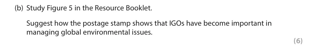 June 2018 Paper 2, question 6(b): Study Figure 5 in the Resource Booklet. Suggest how the postage stamp shows that IGOs have become important in managing global environmental issues. (6) The fol