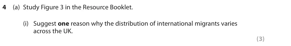 June 2019 Paper 2, question 4(a)(i): Suggest one reason why the distribution of international migrants varies across the UK. (3) The following resources relate to Question 4a. N Edinburgh Glasgow H