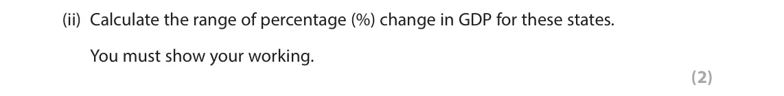 June 2022 Paper 2, question 2(a)(ii): Calculate the range of percentage (%) change in GDP for these states. You must show your working. (2) 2 Study Figure 1 below. GDP per capita Percentage (US$) (%