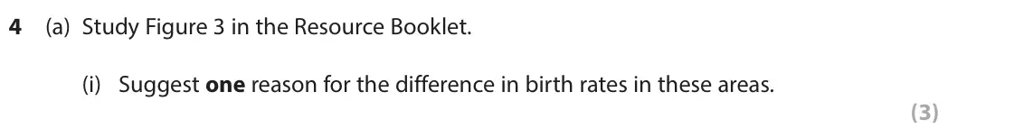 June 2022 Paper 2, question 4(a)(i): Suggest one reason for the difference in birth rates in these areas. (3) The following resource relates to Question 4. Broomhill Bedminster % aged 65 and over 1