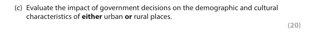 June 2022 Paper 2, question 4(c): Evaluate the impact of government decisions on the demographic and cultural characteristics of either urban or rural places. (20) The following resource relates