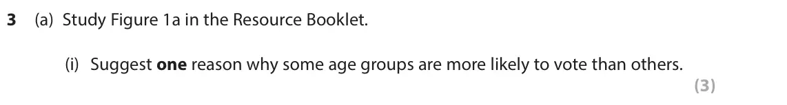 June 2023 Paper 2, question 3(a)(i): Suggest one reason why some age groups are more likely to vote than others. (3) SECTION B The following resources relate to Question 3. Age group National voter