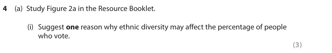 June 2023 Paper 2, question 4(a)(i): Suggest one reason why ethnic diversity may affect the percentage of people who vote. (3) The following resources relate to Question 4. Town (region) Lewes Midd
