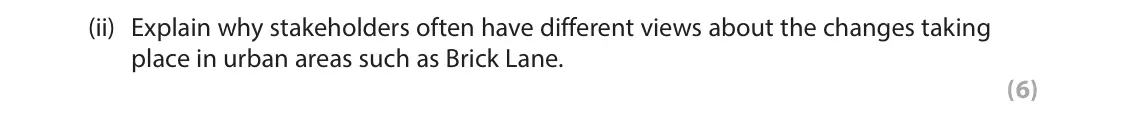 June 2024 Paper 2, question 4(a)(ii): Explain why stakeholders often have different views about the changes taking place in urban areas such as Brick Lane. (6) The following resources relate to Ques