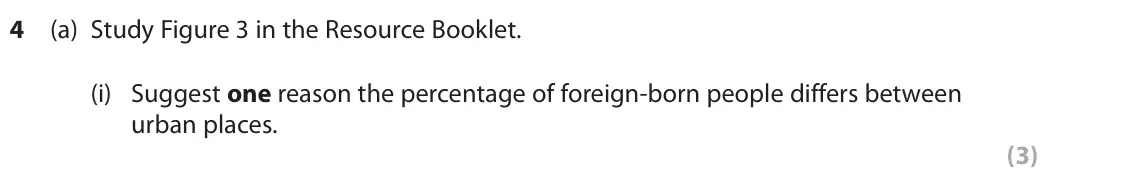 November 2021 Paper 2, question 4(a)(i): Suggest one reason the percentage of foreign-born people differs between urban places. (3) The following resource relates to Question 4. Urban area (region) Cov