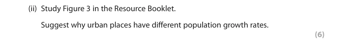 November 2021 Paper 2, question 4(a)(ii): Study Figure 3 in the Resource Booklet. Suggest why urban places have different population growth rates. (6) The following resource relates to Question 4. Urban