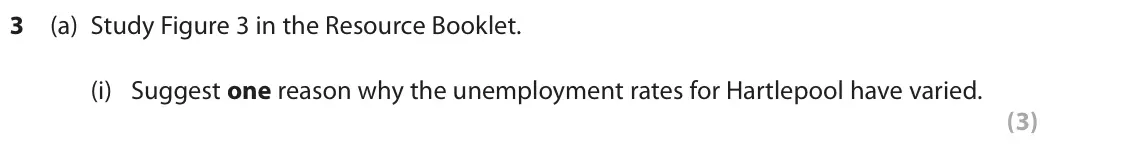 October 2020 Paper 2, question 3(a)(i): Suggest one reason why the unemployment rates for Hartlepool have varied. (3) SECTION B The following resource relates to Question 3(a). 16 14 12 10 8 6 4 2 0 K