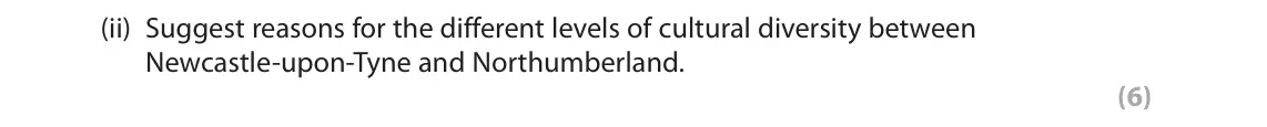 October 2020 Paper 2, question 4(a)(ii): Suggest reasons for the different levels of cultural diversity between Newcastle‑upon‑Tyne and Northumberland. (6) 4 Study Figures 4a and 4b in the Resource Boo