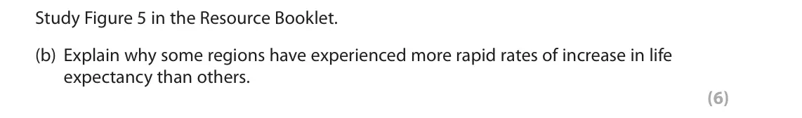 October 2020 Paper 2, question 5(b): Explain why some regions have experienced more rapid rates of increase in life expectancy than others. (6) SECTION C The following resource relates to Question 