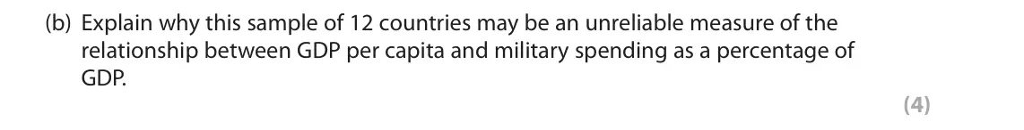 June 2019 Paper 3, question 2(b): Explain why this sample of 12 countries may be an unreliable measure of the relationship between GDP per capita and military spending as a percentage of GDP. (4