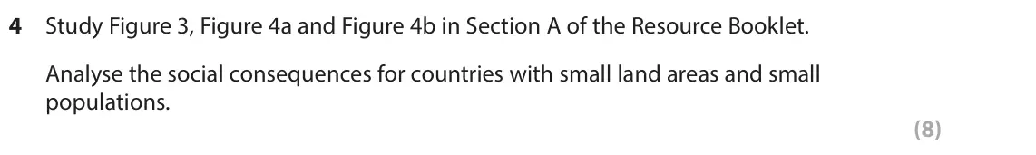 June 2022 Paper 3, question 4: Study Figure 3, Figure 4a and Figure 4b in Section A of the Resource Booklet. Analyse the social consequences for countries with small land areas and small popu